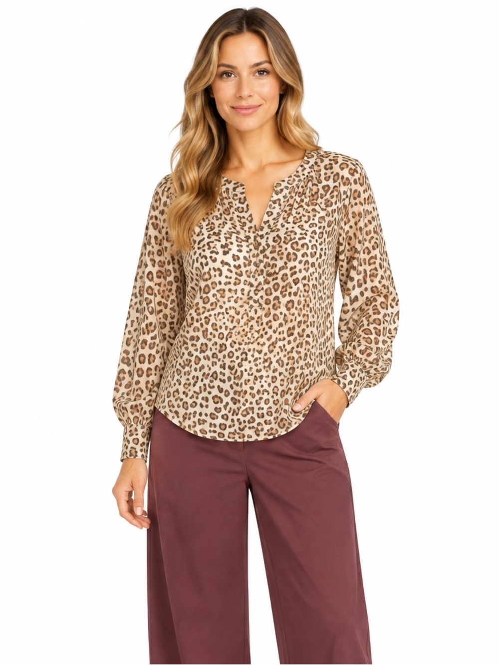 Buffalo David Bitton Leopard Print V-Neck Sweater in Beige and Brown